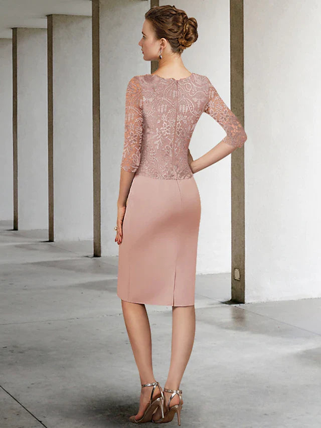 Wholesale Mother of the Bride Dress Elegant Jewel Neck Knee Length Lace Stretch Fabric Half Sleeve with Appliques